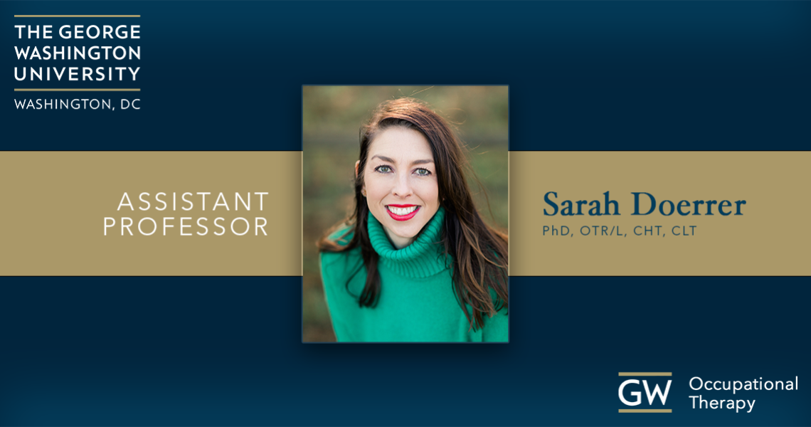 Sarah Doerrer Headshot with text, Assistant Professor, on a blue background and buff gold center horizontal strip.