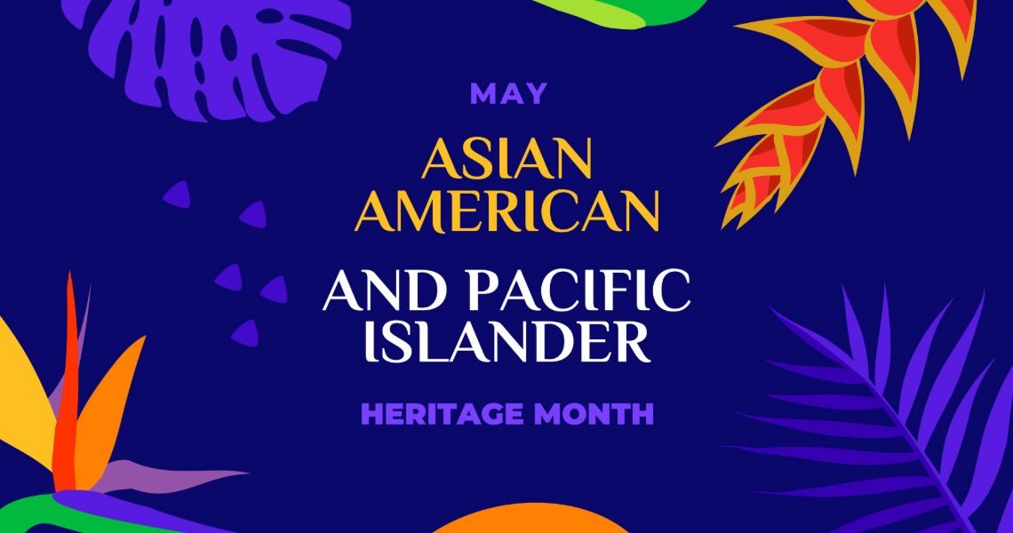 AAPI Heritage Month with flowers and purple design background