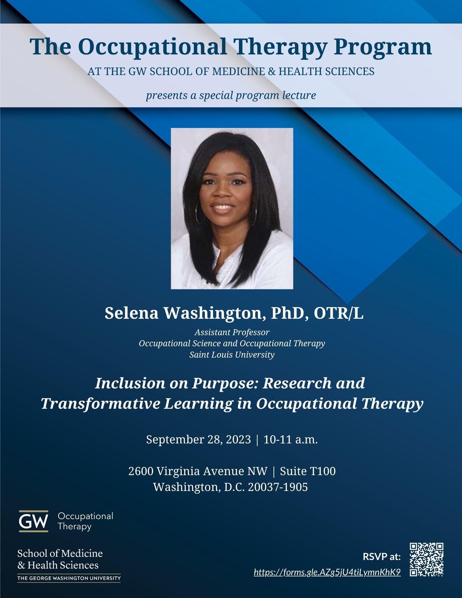 Flyer for Selena Washington, PhD, OTR/L lecture on inclusion, research, and occupational therapy.
