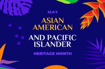 AAPI Heritage Month with flowers and purple design background